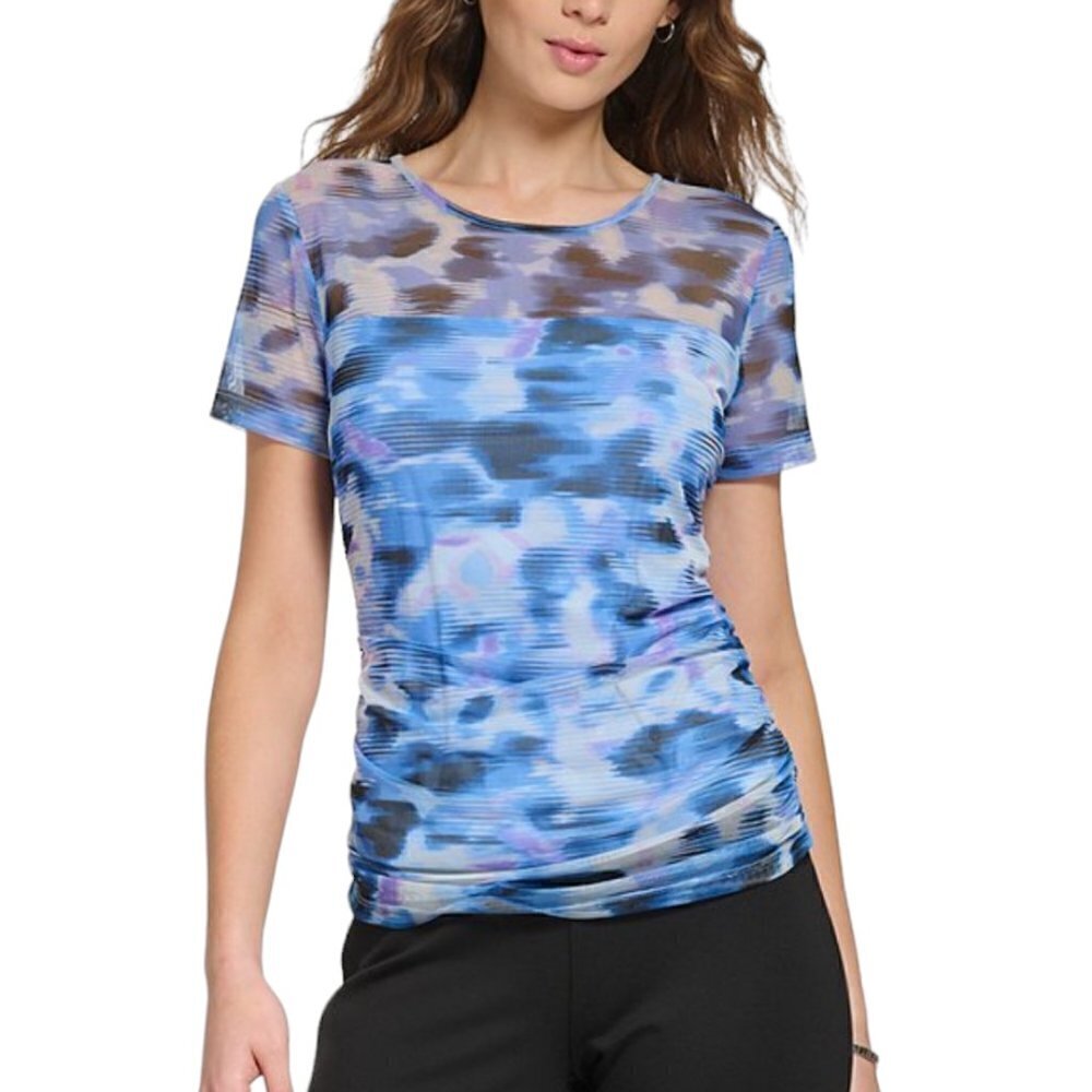 Women's DKNY Short Sleeve Blue Abstract Print Mesh Top Size: L